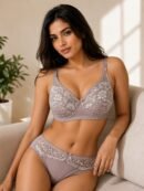 Women's Premium Floral Lace Bra & Panty Set – Elegant Comfort Lingerie Set (Mauve Grey)